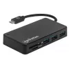Manhattan dock/hub USB-C con lettore di schede, porte (x3): USB-A (x3), 5 Gbit/s (USB 3.2 Gen1 alias USB 3.0), alimentazione esterna non necessaria, universale per tutti i dispositivi, SuperSpeed USB, nero, tre anni di garanzia