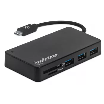 Manhattan dock/hub USB-C con lettore di schede, porte (x3): USB-A (x3), 5 Gbit/s (USB 3.2 Gen1 alias USB 3.0), alimentazione esterna non necessaria, universale per tutti i dispositivi, SuperSpeed USB, nero, tre anni di garanzia