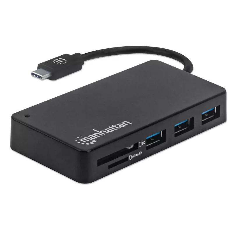 Manhattan dock/hub USB-C con lettore di schede, porte (x3): USB-A (x3), 5 Gbit/s (USB 3.2 Gen1 alias USB 3.0), alimentazione esterna non necessaria, universale per tutti i dispositivi, SuperSpeed USB, nero, tre anni di garanzia