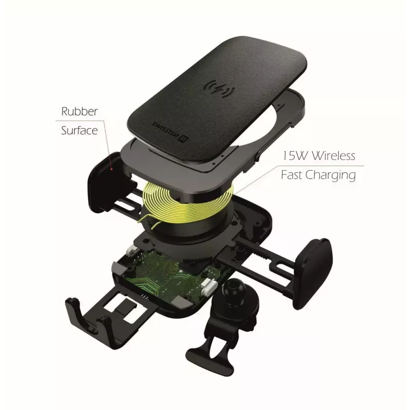 Swissten S-Grip W2-AV5 supporto auto con caricatore wireless da 15 W, con cavo USB/USB-C, nero