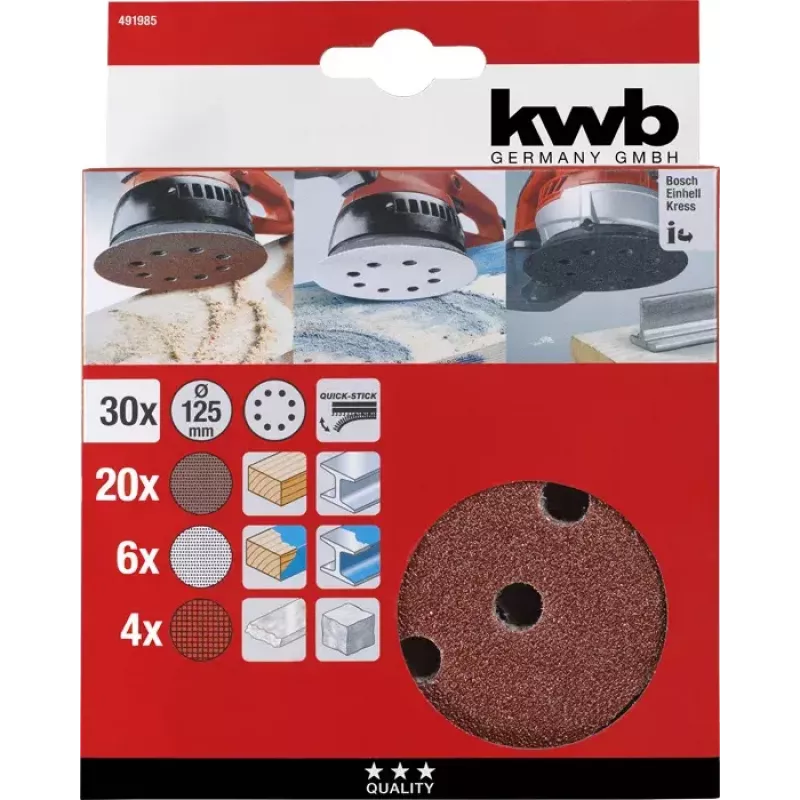 Set dischi abrasivi kwb Quick-stick set ruote abrasive 30 pezzi 11,5 cm corindone
