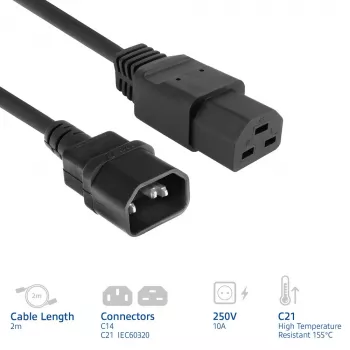 Cavo di alimentazione ACT C14 a C21 IEC60320, 2 m, 250 V, 10 A, nero