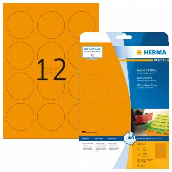 Etichette per stampante adesive HERMA Neon A4 Ø 60 mm rotonde arancione brillante