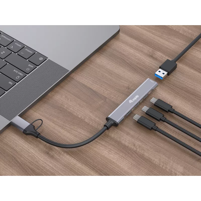 Hub USB 3.2 Gen 1 a 4 porte EQUIP — 3× USB‑C + 1× USB‑A, 5 Gbit/s, alluminio, grigio