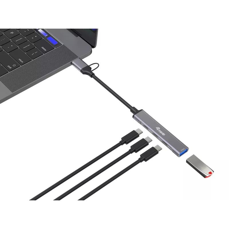 Hub USB 3.2 Gen 1 a 4 porte EQUIP — 3× USB‑C + 1× USB‑A, 5 Gbit/s, alluminio, grigio