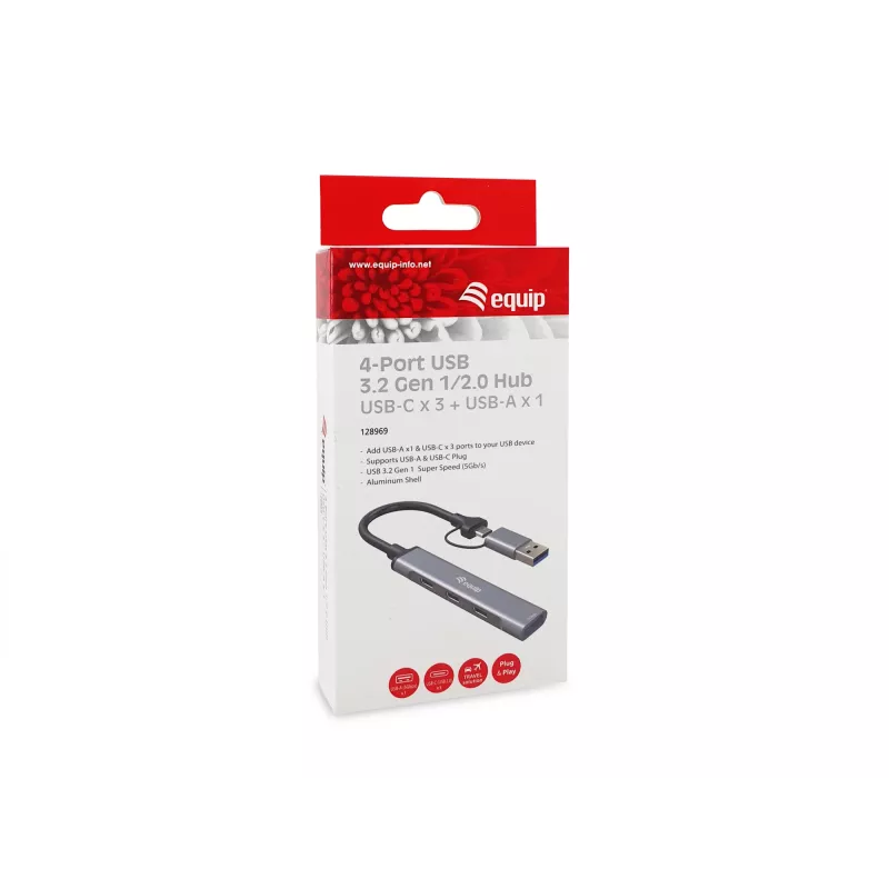 Hub USB 3.2 Gen 1 a 4 porte EQUIP — 3× USB‑C + 1× USB‑A, 5 Gbit/s, alluminio, grigio