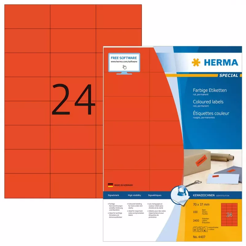 Etichette HERMA colorate A4 70x37 mm rosso carta opaca 2400 pezzi