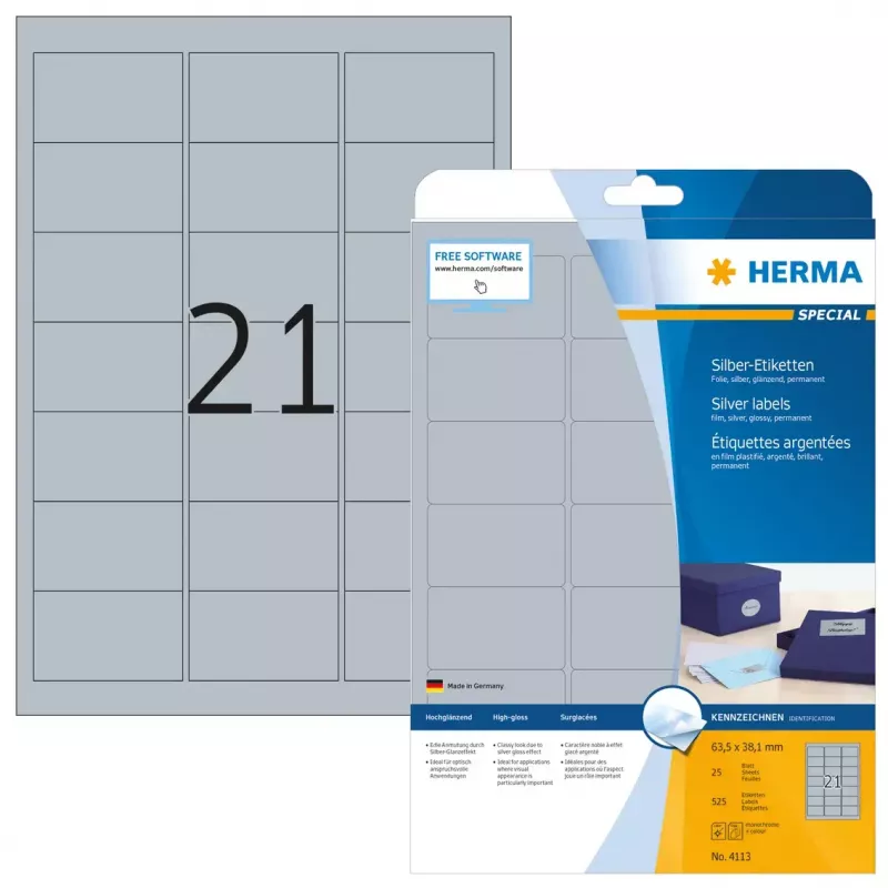 Etichetta adesiva per stampante HERMA Labels A4 63,5x38,1 mm argento pellicola lucida