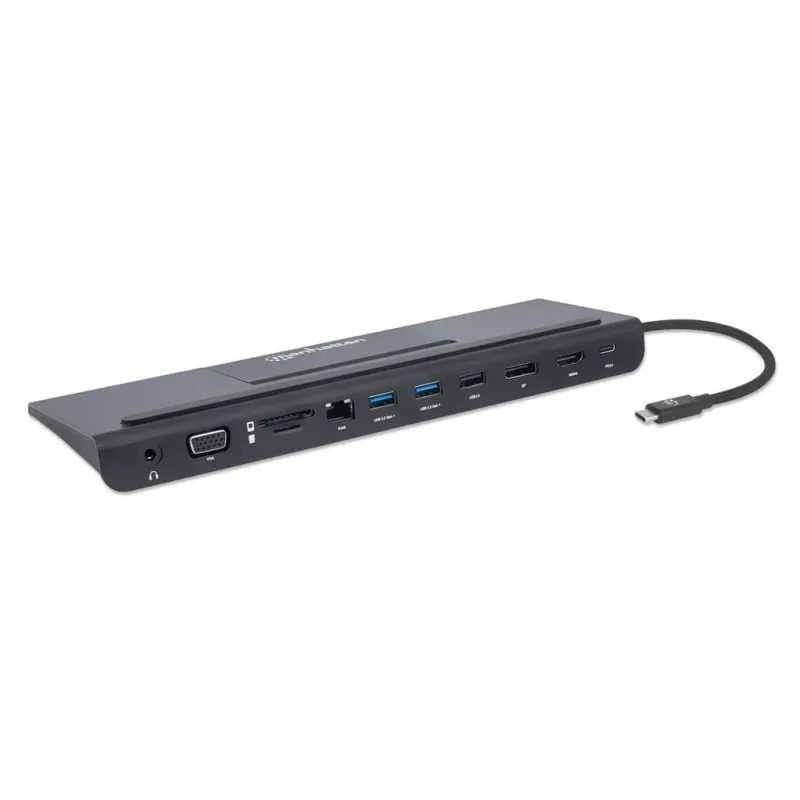 Manhattan Dock/Hub USB-C con lettore di schede e MST, connettori (x9): audio 3,5 mm, DisplayPort, Ethernet, HDMI, USB-A (x3), USB-C e VGA, con Power Delivery (100 W) al connettore USB-C (nota: alimentatore USB-C e cavo USB-C aggiuntivi necessari), tutti i connettori possono essere utilizzati contemporaneamente
