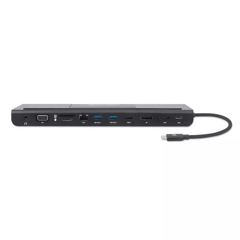 Manhattan Dock/Hub USB-C con lettore di schede e MST, connettori (x9): audio 3,5 mm, DisplayPort, Ethernet, HDMI, USB-A (x3), USB-C e VGA, con Power Delivery (100 W) al connettore USB-C (nota: alimentatore USB-C e cavo USB-C aggiuntivi necessari), tutti i connettori possono essere utilizzati contemporaneamente