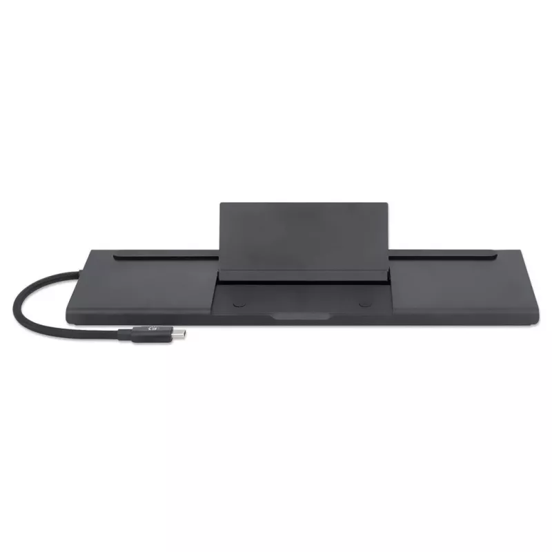 Manhattan Dock/Hub USB-C con lettore di schede e MST, connettori (x9): audio 3,5 mm, DisplayPort, Ethernet, HDMI, USB-A (x3), USB-C e VGA, con Power Delivery (100 W) al connettore USB-C (nota: alimentatore USB-C e cavo USB-C aggiuntivi necessari), tutti i connettori possono essere utilizzati contemporaneamente