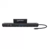 Manhattan Dock/Hub USB-C con lettore di schede e MST, connettori (x9): audio 3,5 mm, DisplayPort, Ethernet, HDMI, USB-A (x3), USB-C e VGA, con Power Delivery (100 W) al connettore USB-C (nota: alimentatore USB-C e cavo USB-C aggiuntivi necessari), tutti i connettori possono essere utilizzati contemporaneamente