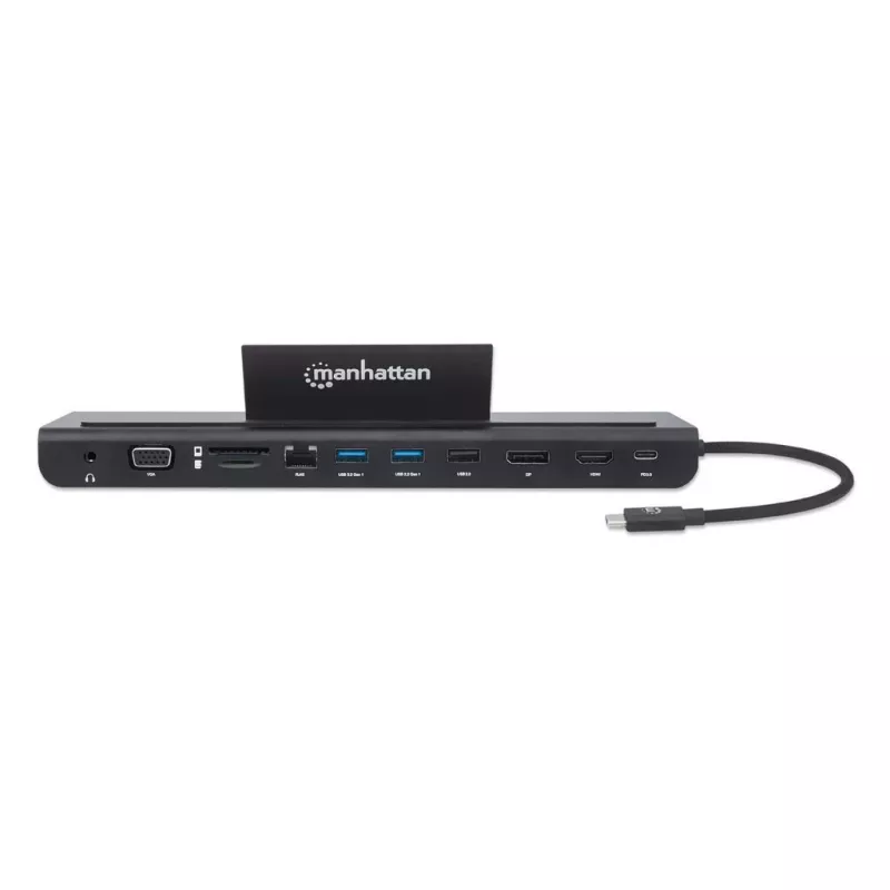 Manhattan Dock/Hub USB-C con lettore di schede e MST, connettori (x9): audio 3,5 mm, DisplayPort, Ethernet, HDMI, USB-A (x3), USB-C e VGA, con Power Delivery (100 W) al connettore USB-C (nota: alimentatore USB-C e cavo USB-C aggiuntivi necessari), tutti i connettori possono essere utilizzati contemporaneamente