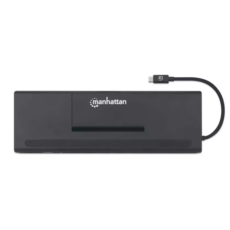 Manhattan Dock/Hub USB-C con lettore di schede e MST, connettori (x9): audio 3,5 mm, DisplayPort, Ethernet, HDMI, USB-A (x3), USB-C e VGA, con Power Delivery (100 W) al connettore USB-C (nota: alimentatore USB-C e cavo USB-C aggiuntivi necessari), tutti i connettori possono essere utilizzati contemporaneamente