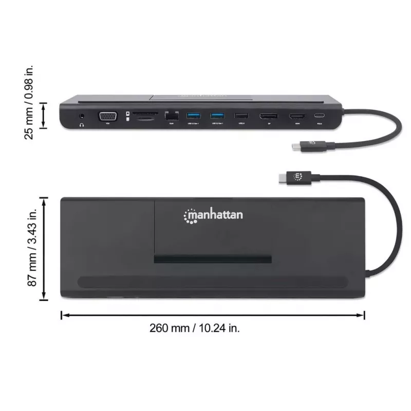 Manhattan Dock/Hub USB-C con lettore di schede e MST, connettori (x9): audio 3,5 mm, DisplayPort, Ethernet, HDMI, USB-A (x3), USB-C e VGA, con Power Delivery (100 W) al connettore USB-C (nota: alimentatore USB-C e cavo USB-C aggiuntivi necessari), tutti i connettori possono essere utilizzati contemporaneamente