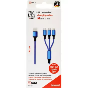 Cavo USB 2GO 797151 1,5 m USB-B USB-C/micro-USB-B/Lightning nero blu