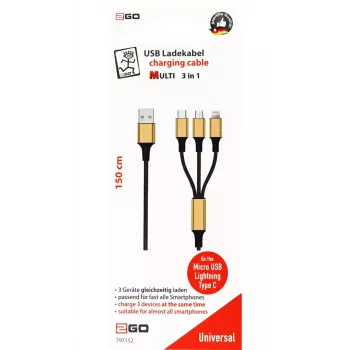 Cavo USB 2GO 797152 3m USB B USB C/micro-USB B/Lightning nero oro