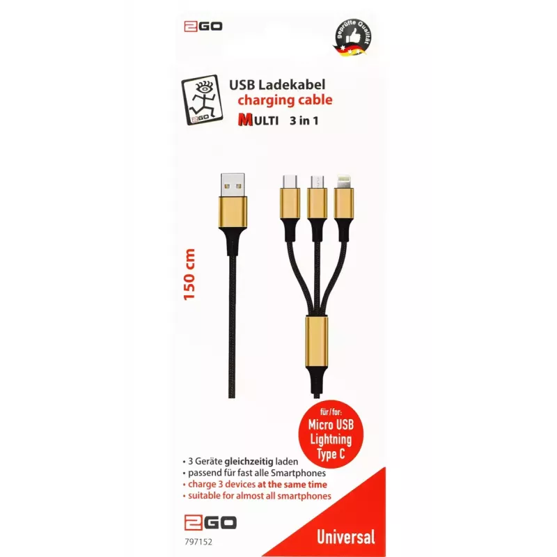 Cavo USB 2GO 797152 3m USB B USB C/micro-USB B/Lightning nero oro