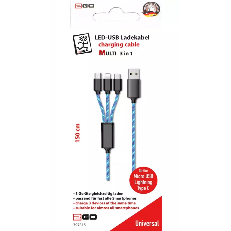 Cavo USB 2GO 797315 1,5m USB B USB C/micro-USB B/Lightning nero blu