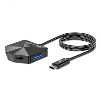 Manhattan dock/hub combo USB-C e USB-A, porte (4): USB-A (x2) e USB-C (x2), 5 Gbit/s (USB 3.2 Gen1 noto anche come USB 3.0), forma angolata per un facile accesso alle porte, alimentato via USB (nessun alimentatore esterno necessario)