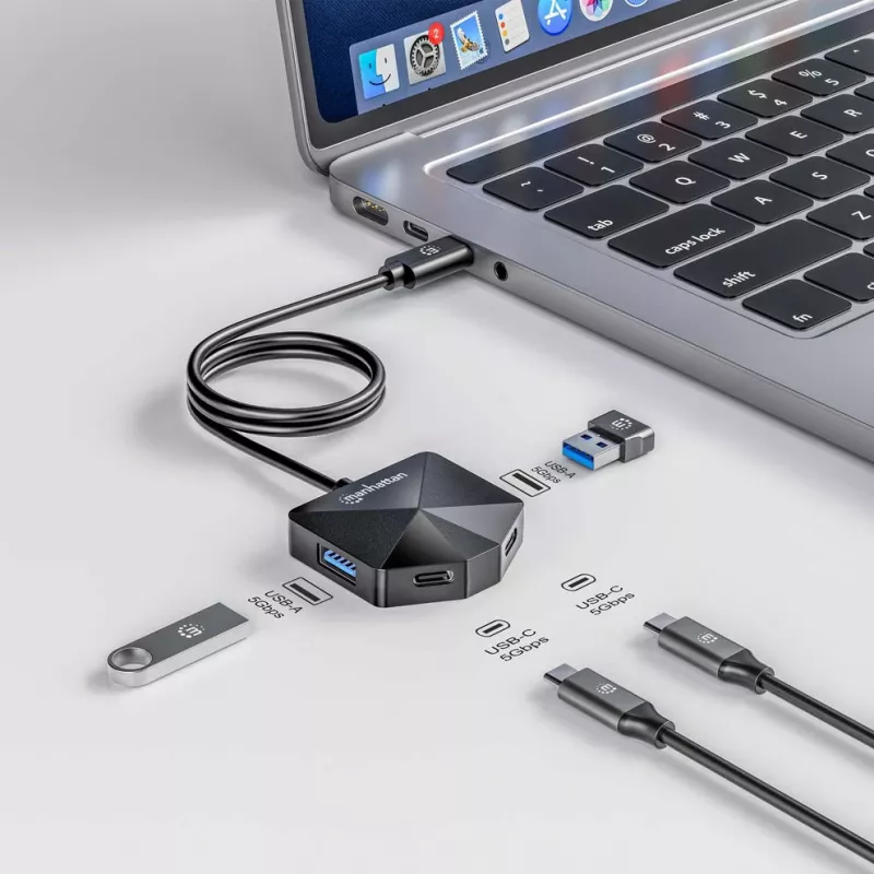 Manhattan dock/hub combo USB-C e USB-A, porte (4): USB-A (x2) e USB-C (x2), 5 Gbit/s (USB 3.2 Gen1 noto anche come USB 3.0), forma angolata per un facile accesso alle porte, alimentato via USB (nessun alimentatore esterno necessario)
