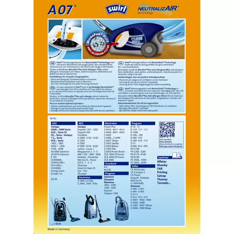 Sacchetti per aspirapolvere Swirl A 07 NeutralizAir aspirapolvere a cilindro