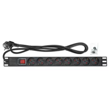 Intellinet 19 pollici 1HE Rackmount unità di distribuzione di alimentazione (PDU) 8 vie, prese EU CEE 7/3, cavo di alimentazione integrato da 2 m con connettore maschio EU CEE 7/7, 16 A, interruttore on/off, montaggio orizzontale, alluminio, nero