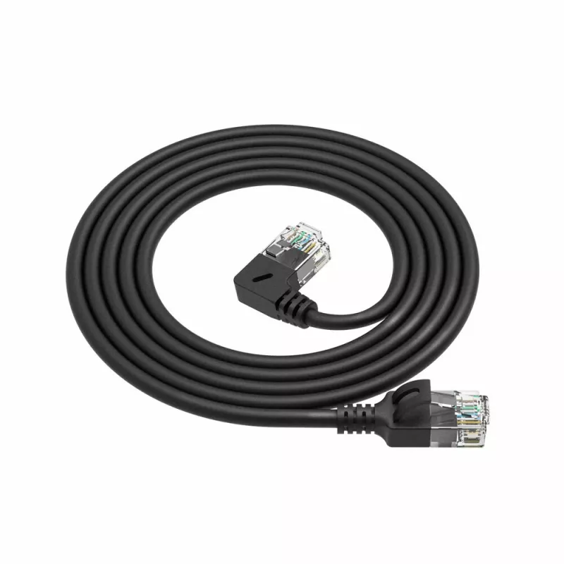 ACT nero 2 metri U/UTP CAT6A LSZH cavo patch Slimline con connettori RJ45 90° angolato a sinistra su dritto