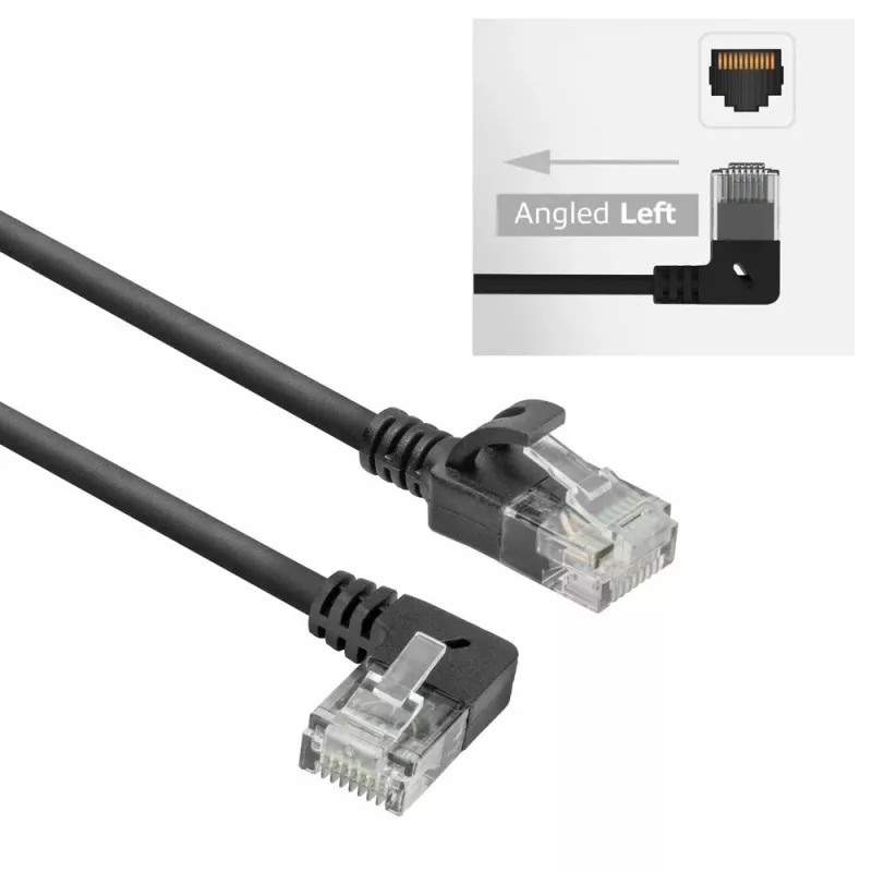 ACT nero 2 metri U/UTP CAT6A LSZH cavo patch Slimline con connettori RJ45 90° angolato a sinistra su dritto
