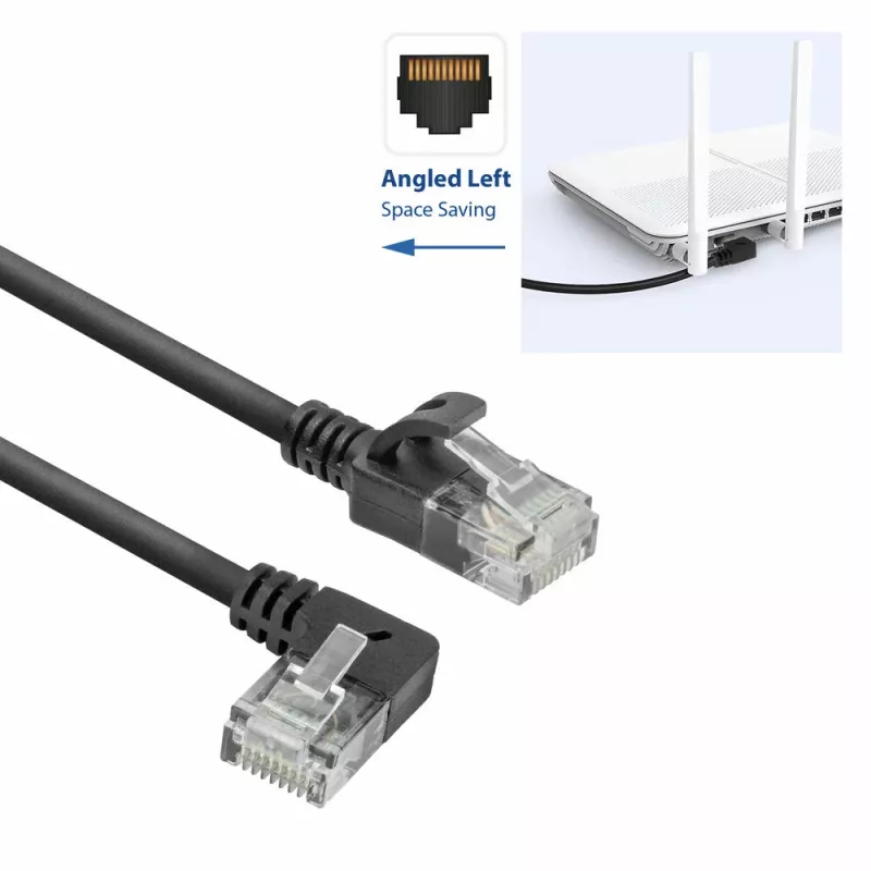 ACT nero 2 metri U/UTP CAT6A LSZH cavo patch Slimline con connettori RJ45 90° angolato a sinistra su dritto
