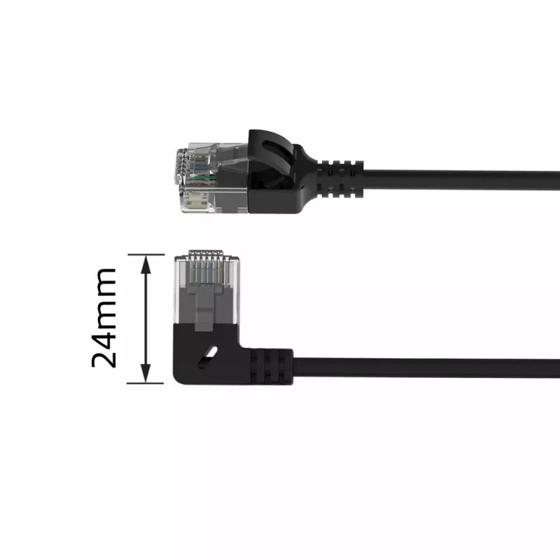 ACT nero 2 metri U/UTP CAT6A LSZH cavo patch Slimline con connettori RJ45 90° angolato a sinistra su dritto