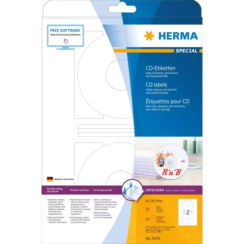 Etichette per CD HERMA A4 Ø 116 mm bianco carta opaca coprente 50 pezzi