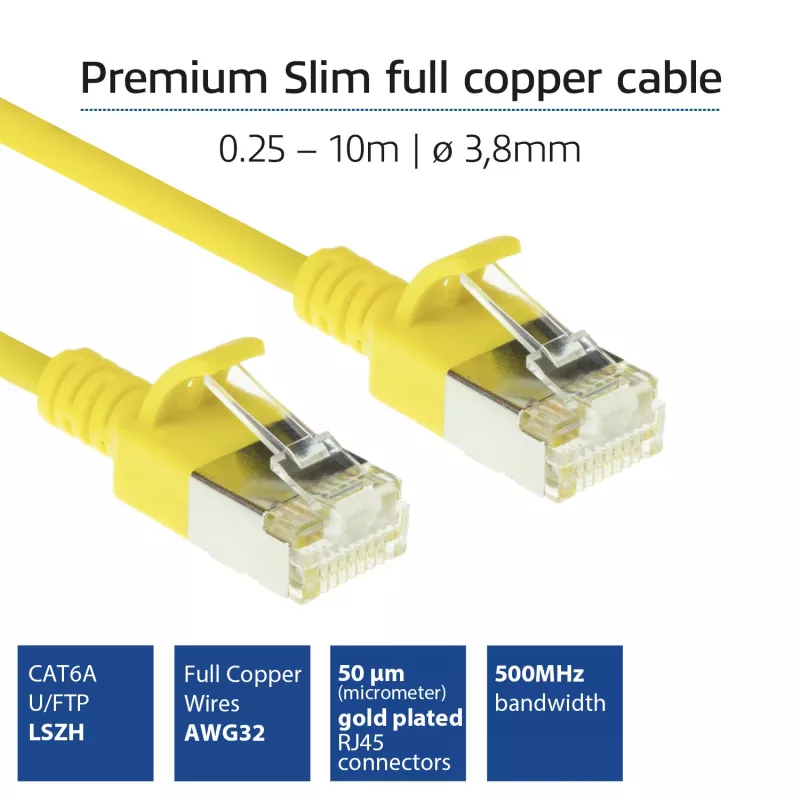 ACT giallo 3 metri LSZH U/FTP CAT6A Datacenter Slimline cavo patch snagless con connettori RJ45