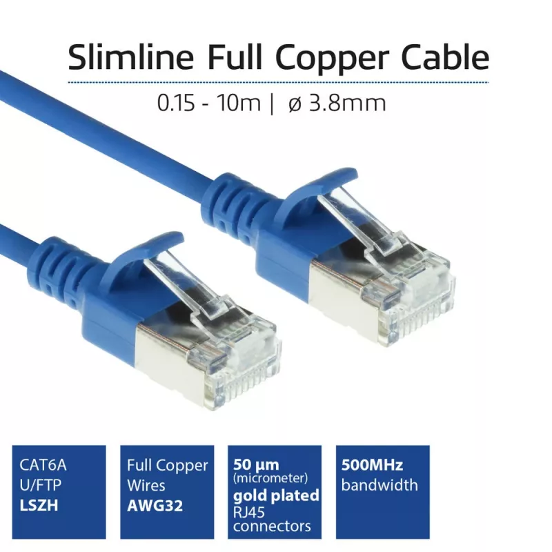 ACT blu 10 metri LSZH U/FTP CAT6A patch cable slimline per data center con connettori RJ45 con fermo