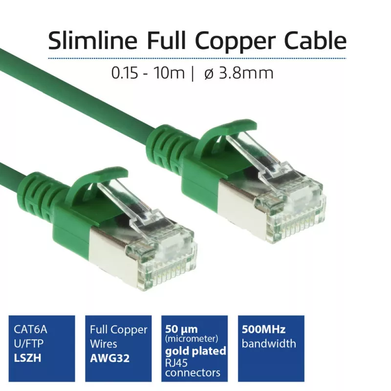 ACT verde 10 metri LSZH U/FTP CAT6A patch cable slimline per data center, snagless con connettori RJ45