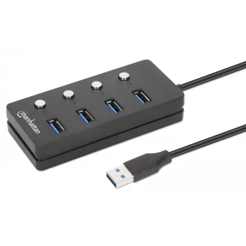 Dock/Hub USB-C Manhattan, porte (x4) con interruttore on/off per ogni porta: USB-A (x4), 5 Gbps (USB 3.2 Gen1 noto anche come USB 3.0), universale per tutti i dispositivi, alimentazione bus o AC (connessione opzionale, non inclusa), cavo 1,5 m, SuperSpeed USB, nero, tre anni di garanzia