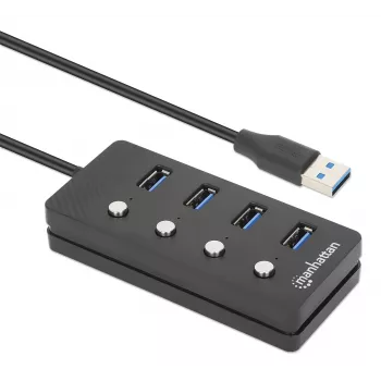 Dock/Hub USB-C Manhattan, porte (x4) con interruttore on/off per ogni porta: USB-A (x4), 5 Gbps (USB 3.2 Gen1 noto anche come USB 3.0), universale per tutti i dispositivi, alimentazione bus o AC (connessione opzionale, non inclusa), cavo 1,5 m, SuperSpeed USB, nero, tre anni di garanzia