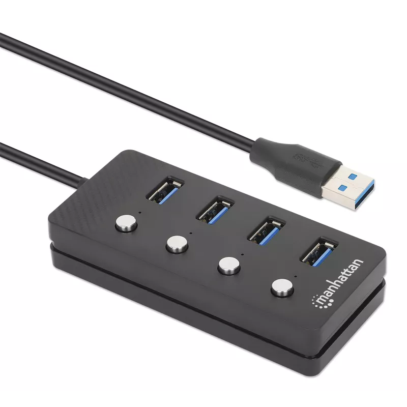 Dock/Hub USB-C Manhattan, porte (x4) con interruttore on/off per ogni porta: USB-A (x4), 5 Gbps (USB 3.2 Gen1 noto anche come USB 3.0), universale per tutti i dispositivi, alimentazione bus o AC (connessione opzionale, non inclusa), cavo 1,5 m, SuperSpeed USB, nero, tre anni di garanzia