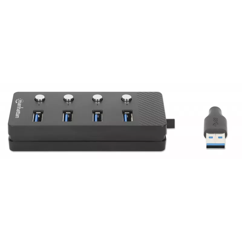 Dock/Hub USB-C Manhattan, porte (x4) con interruttore on/off per ogni porta: USB-A (x4), 5 Gbps (USB 3.2 Gen1 noto anche come USB 3.0), universale per tutti i dispositivi, alimentazione bus o AC (connessione opzionale, non inclusa), cavo 1,5 m, SuperSpeed USB, nero, tre anni di garanzia