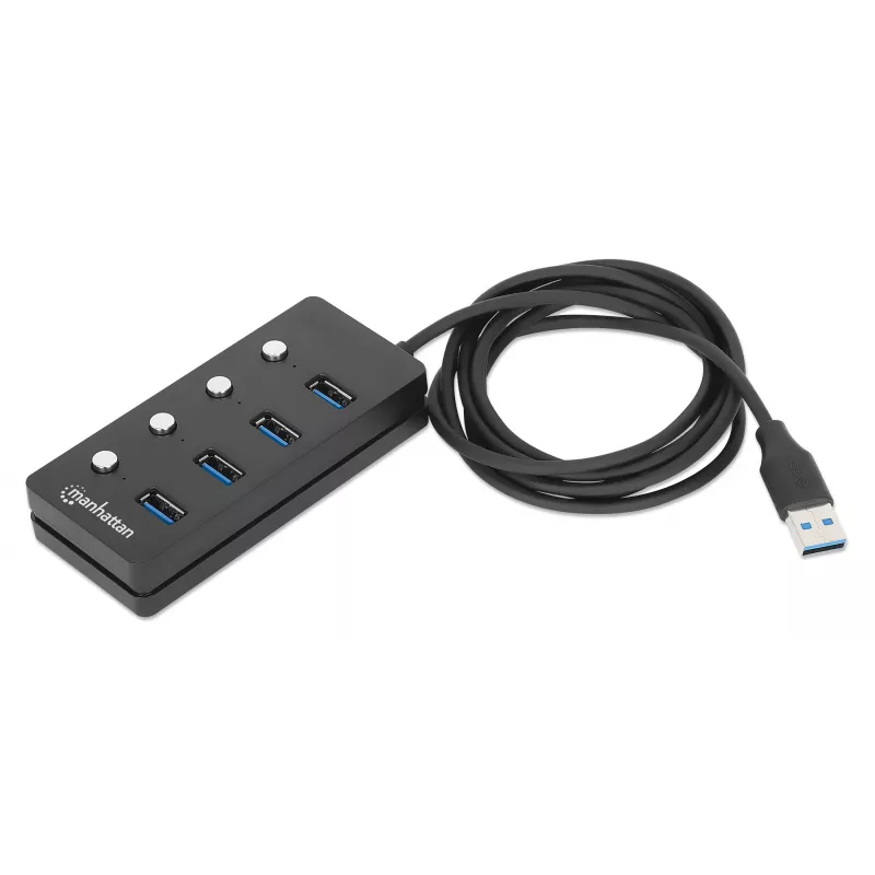 Dock/Hub USB-C Manhattan, porte (x4) con interruttore on/off per ogni porta: USB-A (x4), 5 Gbps (USB 3.2 Gen1 noto anche come USB 3.0), universale per tutti i dispositivi, alimentazione bus o AC (connessione opzionale, non inclusa), cavo 1,5 m, SuperSpeed USB, nero, tre anni di garanzia