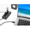 Dock/Hub USB-C Manhattan, porte (x4) con interruttore on/off per ogni porta: USB-A (x4), 5 Gbps (USB 3.2 Gen1 noto anche come USB 3.0), universale per tutti i dispositivi, alimentazione bus o AC (connessione opzionale, non inclusa), cavo 1,5 m, SuperSpeed USB, nero, tre anni di garanzia