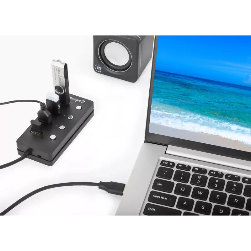 Dock/Hub USB-C Manhattan, porte (x4) con interruttore on/off per ogni porta: USB-A (x4), 5 Gbps (USB 3.2 Gen1 noto anche come USB 3.0), universale per tutti i dispositivi, alimentazione bus o AC (connessione opzionale, non inclusa), cavo 1,5 m, SuperSpeed USB, nero, tre anni di garanzia