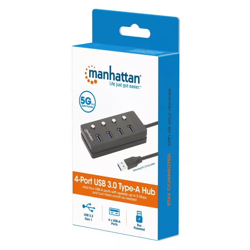 Dock/Hub USB-C Manhattan, porte (x4) con interruttore on/off per ogni porta: USB-A (x4), 5 Gbps (USB 3.2 Gen1 noto anche come USB 3.0), universale per tutti i dispositivi, alimentazione bus o AC (connessione opzionale, non inclusa), cavo 1,5 m, SuperSpeed USB, nero, tre anni di garanzia