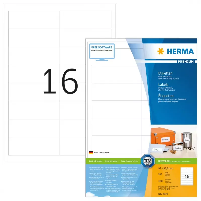 Etichetta autoadesiva per stampante HERMA Labels Premium A4 97 x 33,8 mm