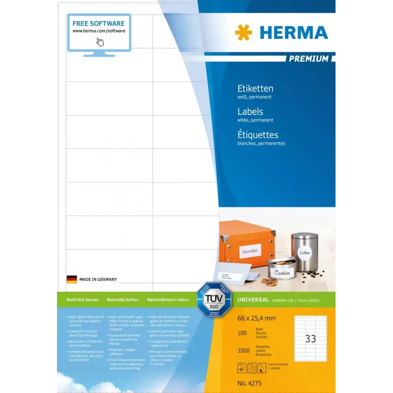 Etichetta autoadesiva per stampante HERMA Labels Premium A4 66x25,4 mm