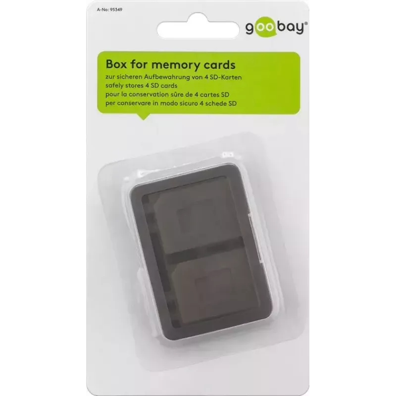 Scatola portaschede di memoria GOOBAY 95349 — contiene 4 schede, compatibile con SD/MicroSD/MMC, plastica grigio trasparente