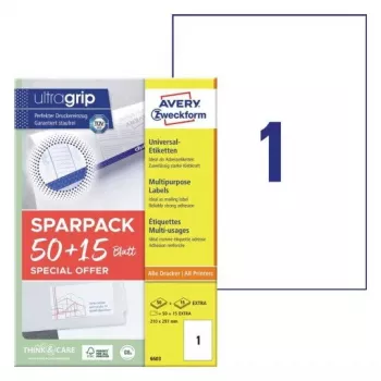 Etichetta per stampante autoadesiva AVERY 6603 bianco A4 21x29,7 cm 65 etichette