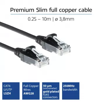 ACT nero 1,5 metri cavo patch slimline datacenter LSZH U/UTP CAT6 senza linguetta con connettori RJ45