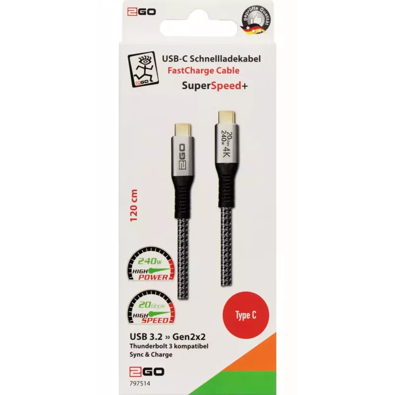 Cavo USB 2GO 797514 USB 3.2 Gen 2x2 1,2 m USB-C nero argento
