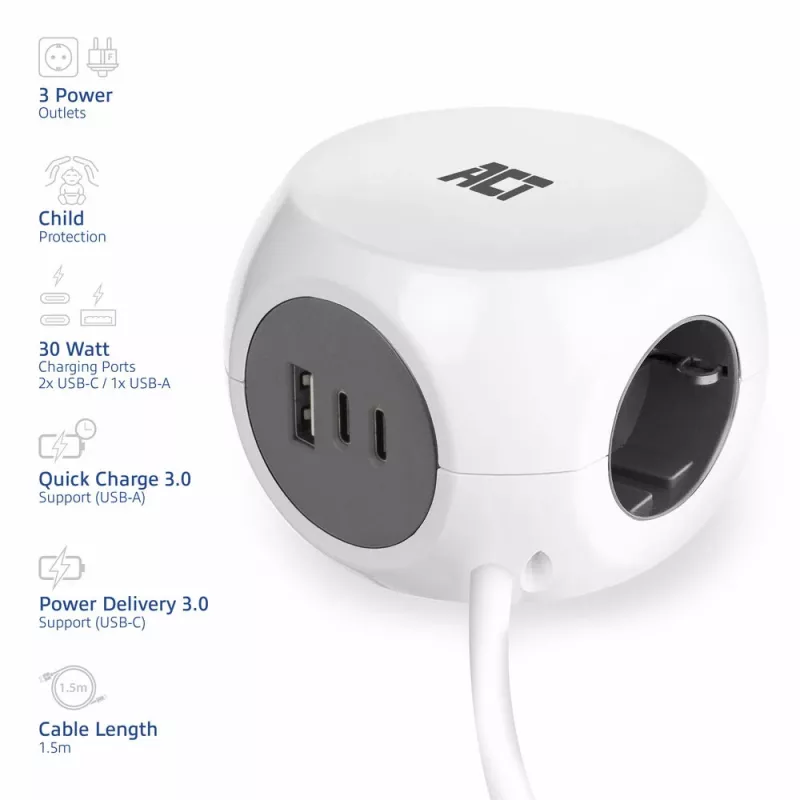 ACT AC2420 prolunga elettrica 1,5 m 3 prese AC per interni bianco